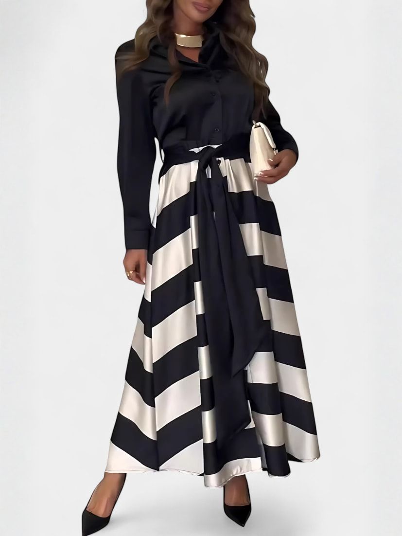 Long Striped Shirt Dress with Belt