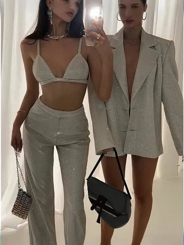 3-Piece Glitter Set: Blazer, Pants & Top