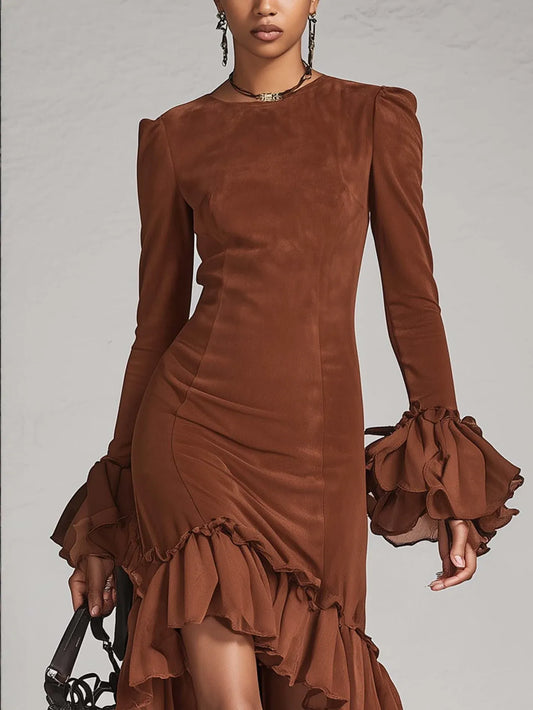 Faux Suede Ruffled Asymmetrical Hem Bodycon Dress