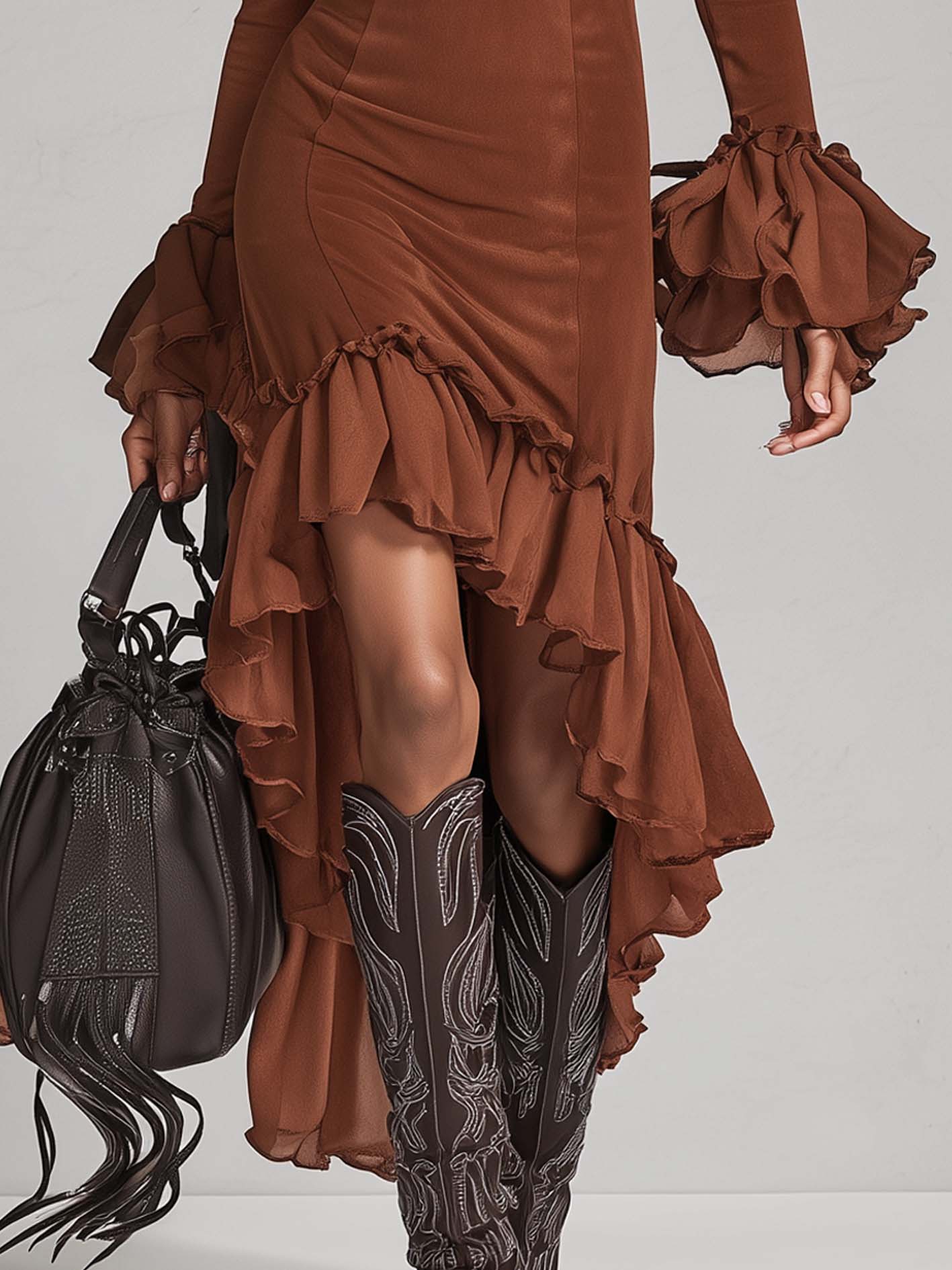 Faux Suede Ruffled Asymmetrical Hem Bodycon Dress