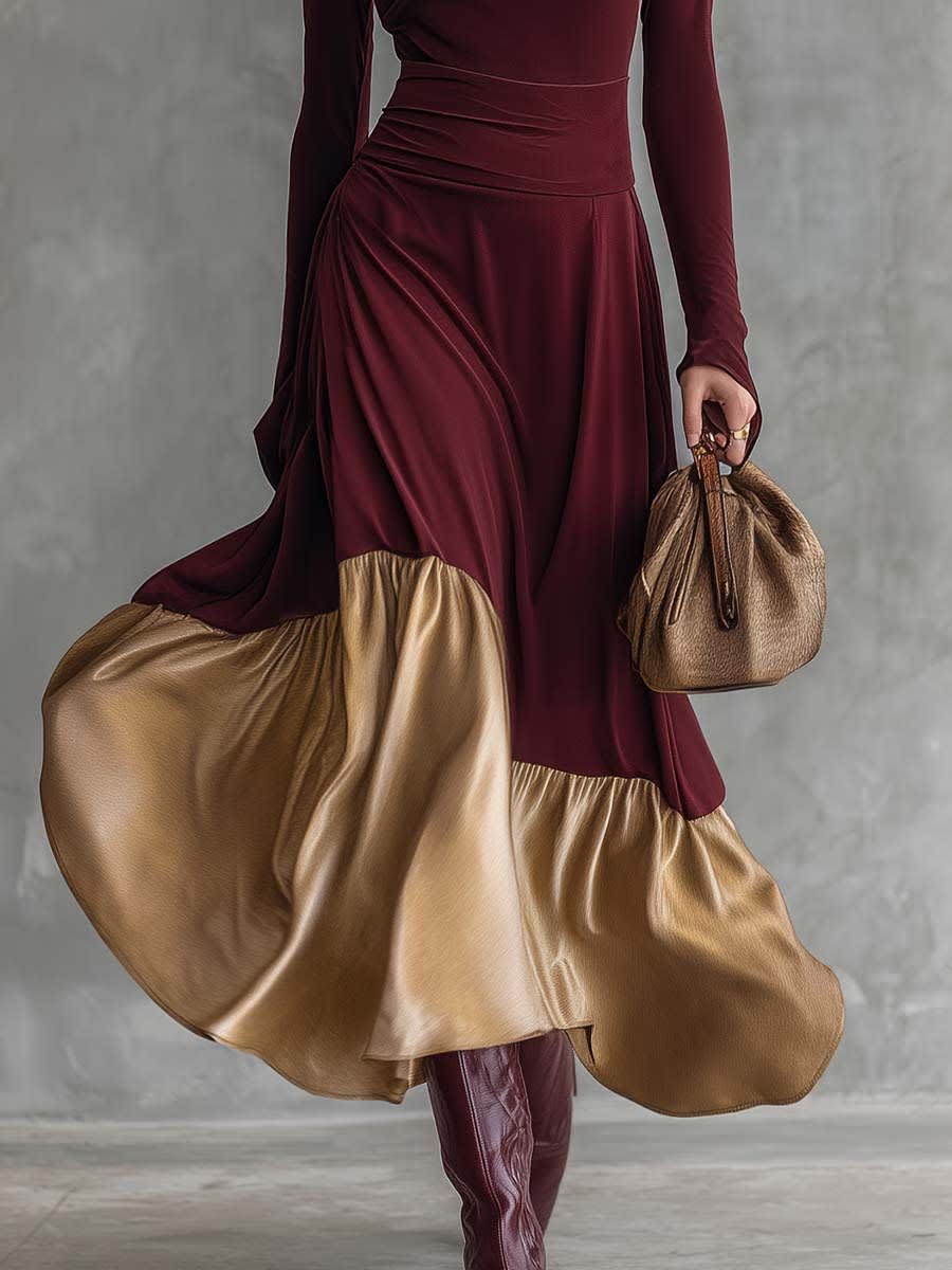 Chic Color-Blocked Satin Maxi Dress with Round Neck