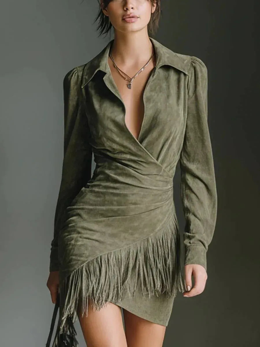 Mid-Length Suede Dress with Fringes and Lapel Collar