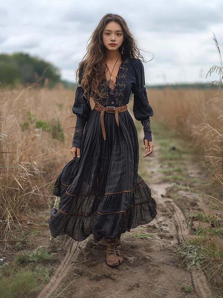 NADÈGE | Puff Sleeve Long Embroidered Dress