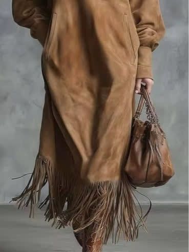Bohemian Suede Maxi Dress with Zipper and Tassels