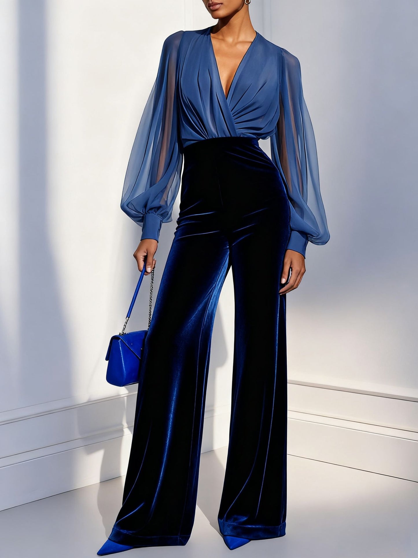 Blue mesh V-neck long-sleeved velvet jumpsuit