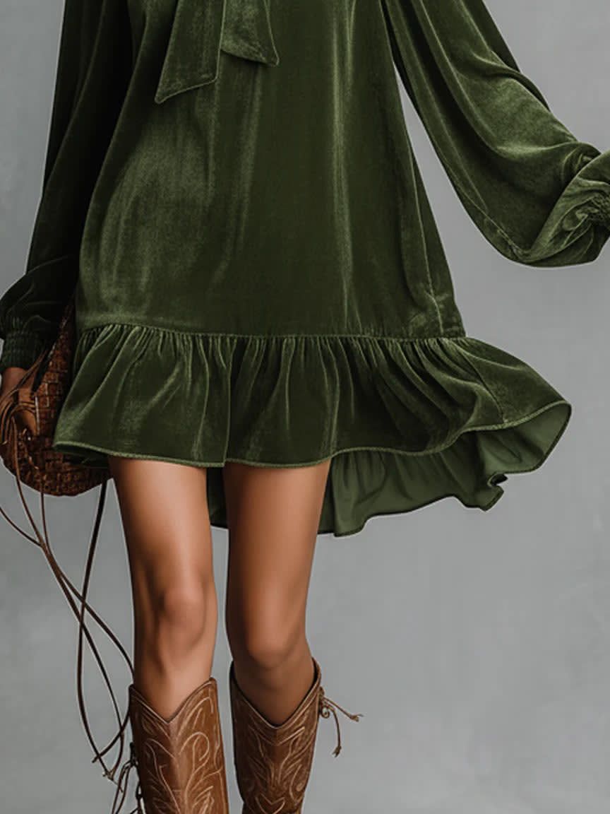 Relaxed Velvet Mini Dress with Bow Tie Neck