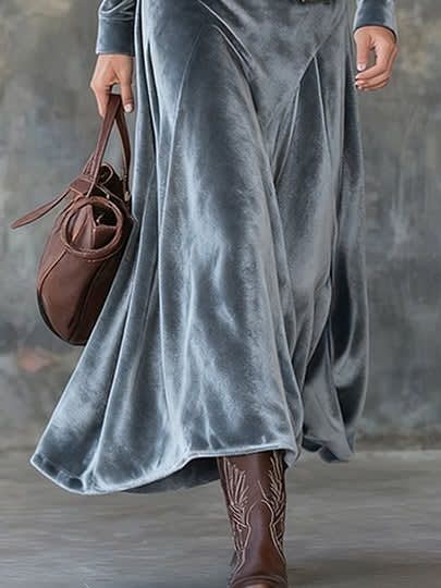 Gray Velvet Maxi Dress with Lapel and Metal Buttons (Includes Belt)