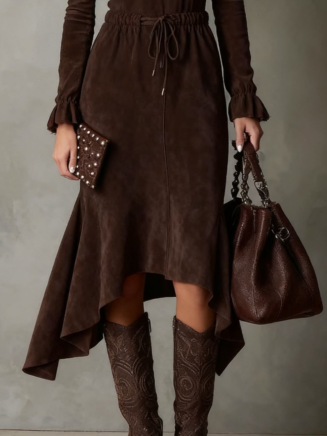 Long Suede Dress with Waist Ties