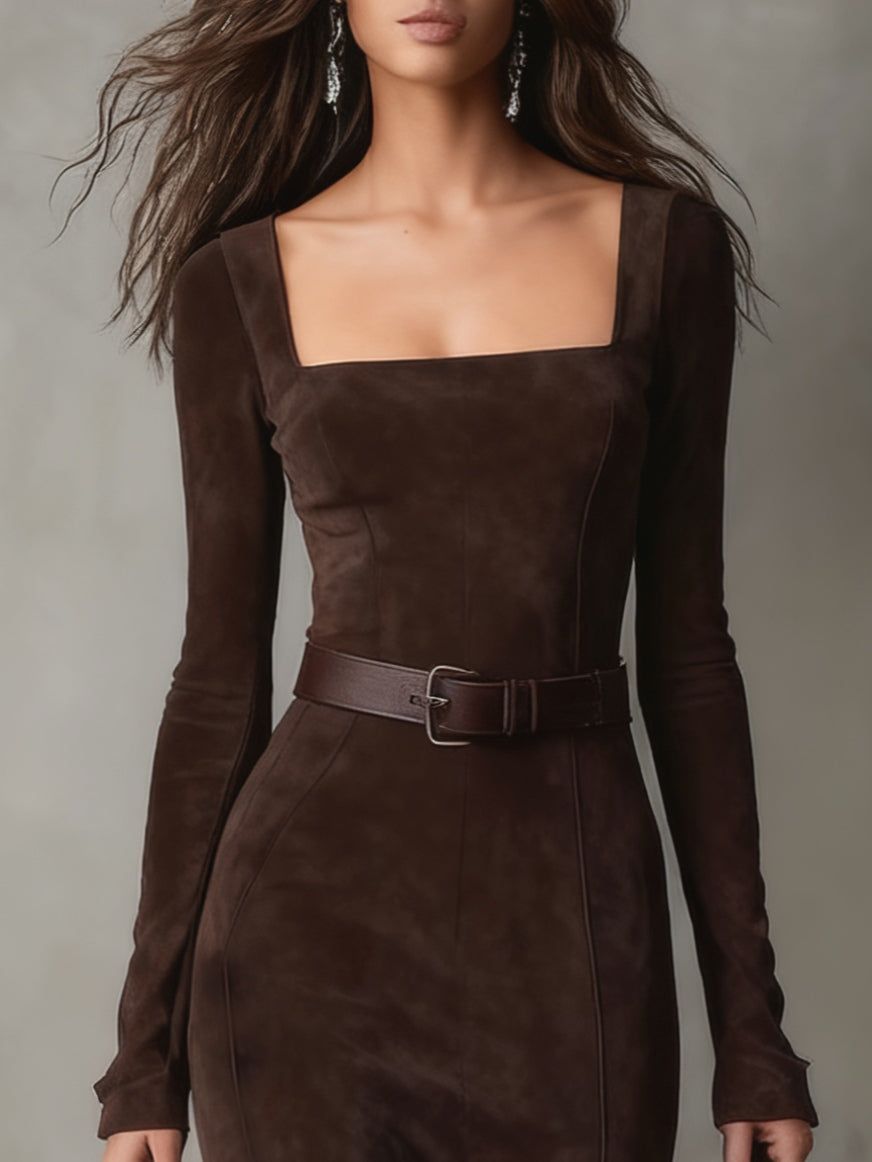 ISALINE | Long Suede Square Neck Dress