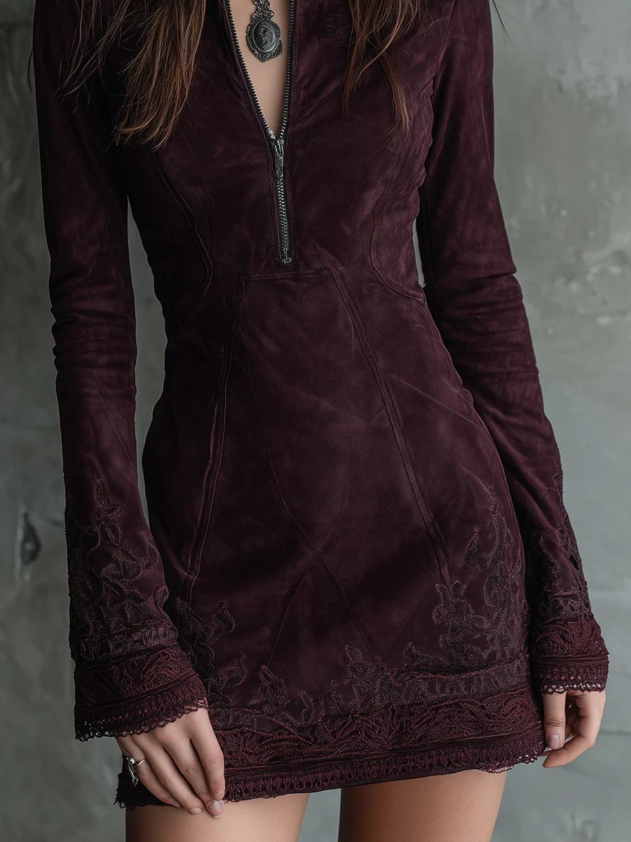 Embroidered Suede Dress
