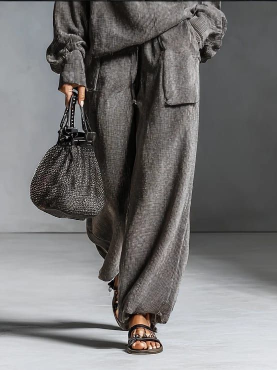 Dark Gray Hooded Corduroy Sweatshirt and Straight-Leg Pants Set
