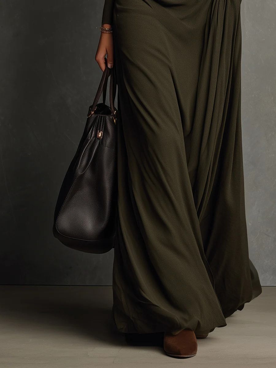 Olive Green Pleated Maxi Dress with Turtleneck