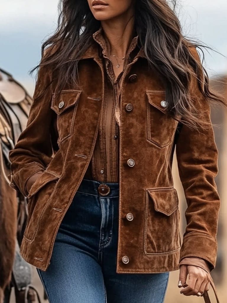 Retro Suede Multi-Pocket Jacket with Lapel Collar