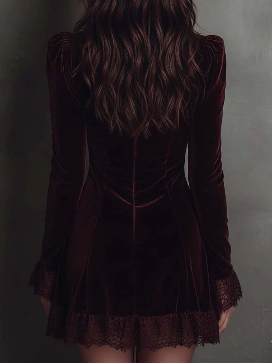 Burgundy Velvet V-Neck Mini Dress with Lace Trim