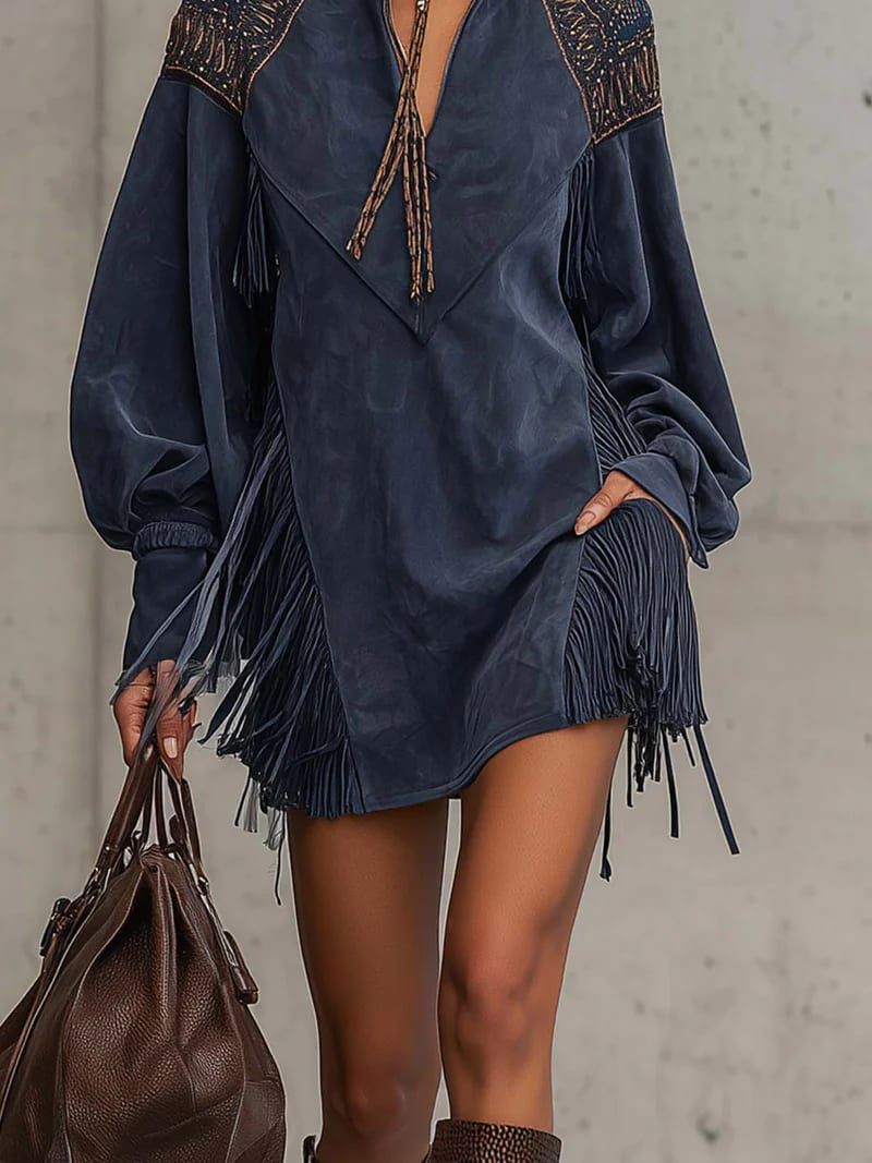 Indigo Embroidered Tassel Mini Dress with Stand-up Collar
