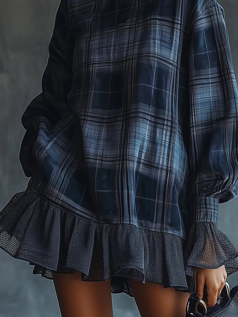 Blue Plaid Ruffle Mini Dress with Turtleneck