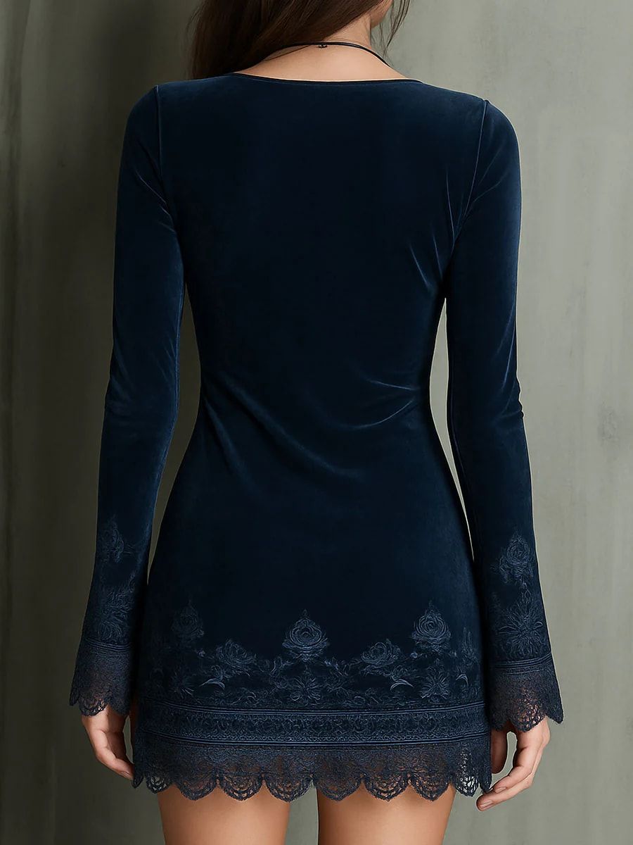 Navy Blue V-neck Velvet Mini Dress with Embroidered Bell Sleeves and Lace Trim