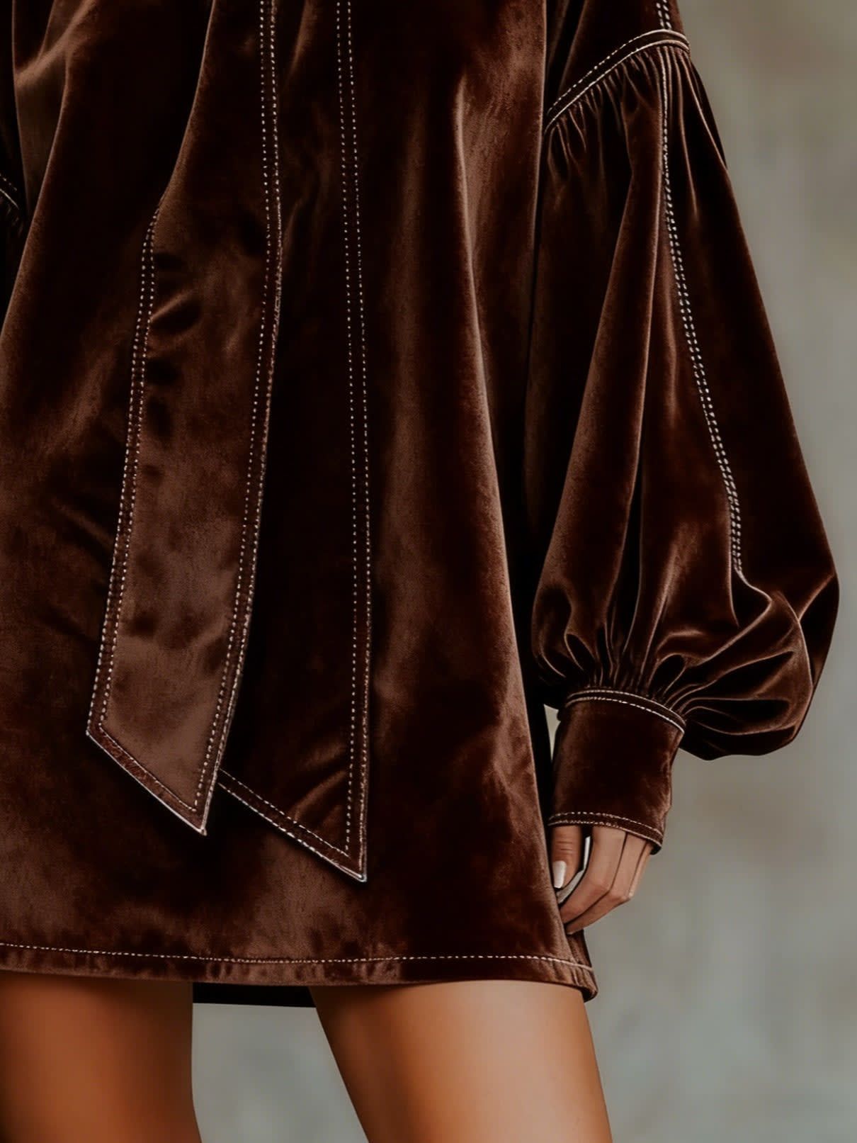 Dark Brown Velvet Mini Dress with Bow and Lantern Sleeves