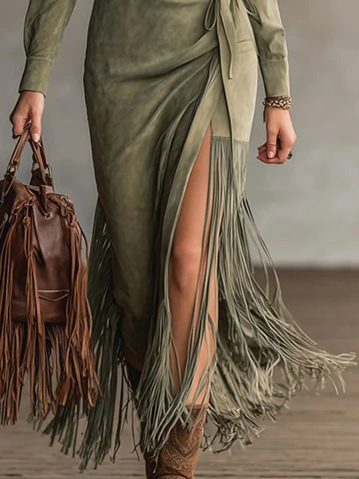 Olive Green Faux Suede Maxi Dress with Tassel Lapel