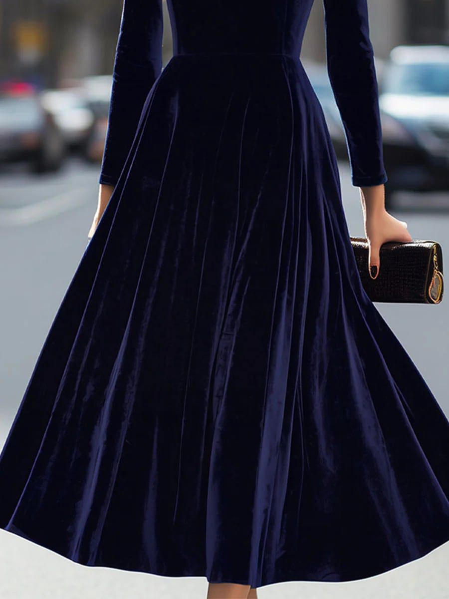 Navy Blue Velvet Retro Fitted Midi Dress