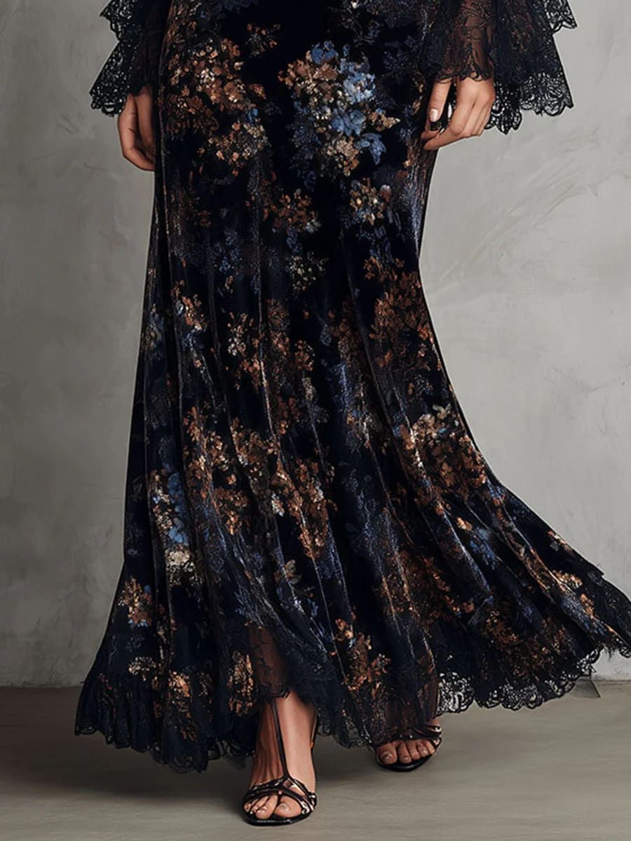 Flowy Maxi Dress with Black and Blue Floral Velvet and Lace Trim Bell Sleeves
