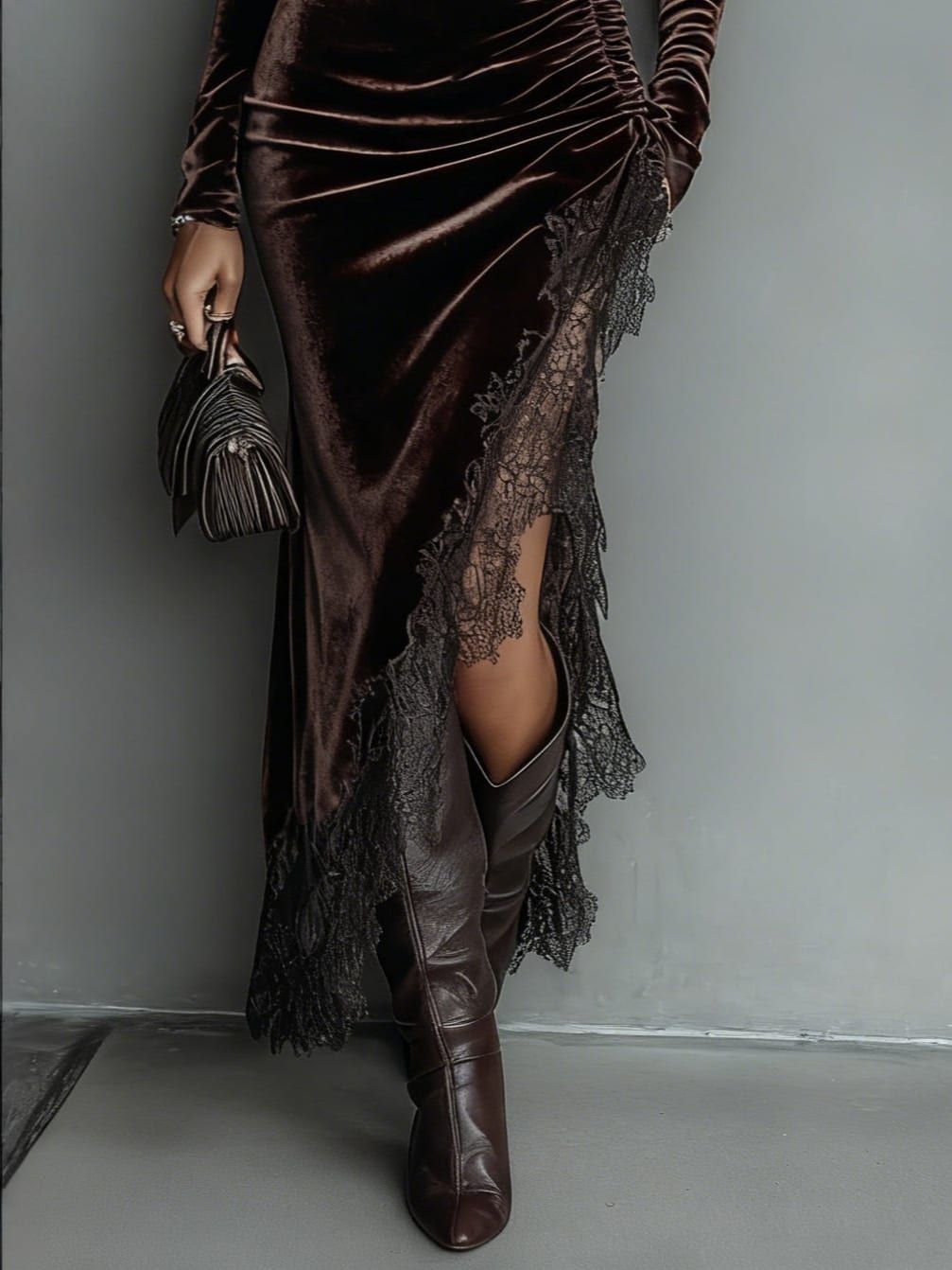 Chic Chocolate Velvet Lace Maxi Dress with Irregular Hem