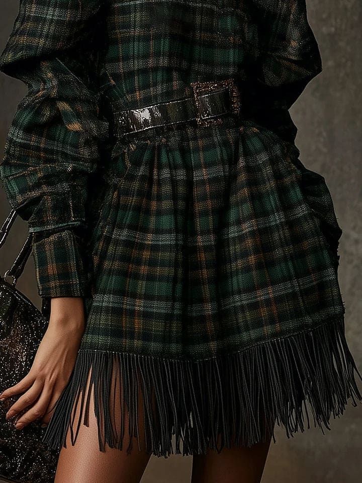 Tartan Mini Dress with High Neck and Fringe Hem