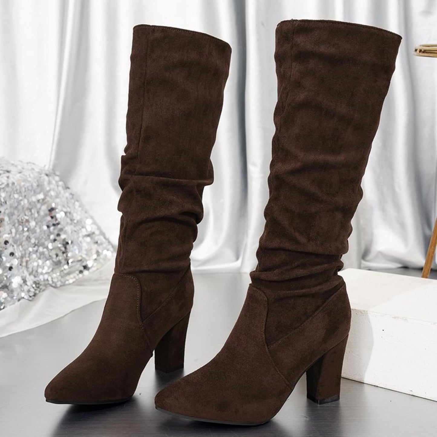 Chunky Heel Mid-Calf Faux Suede Boots
