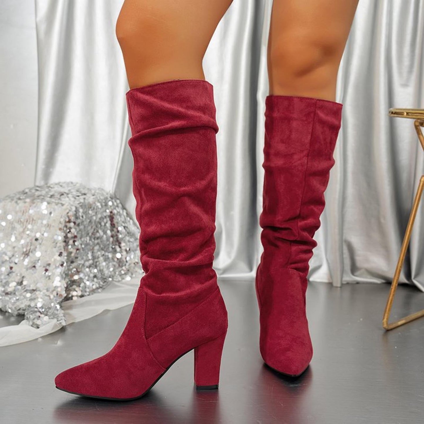 Chunky Heel Mid-Calf Faux Suede Boots