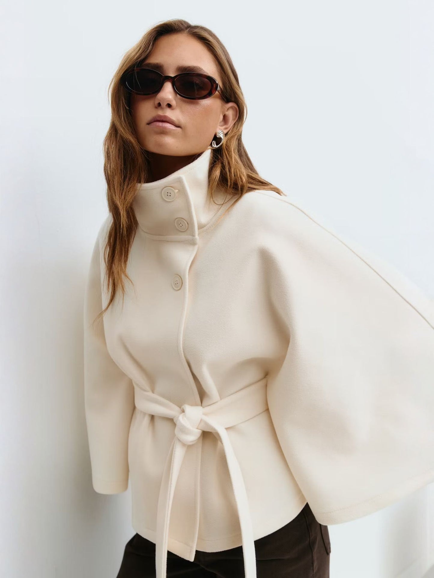 Stylish Women's Coat with Belt and High Collar