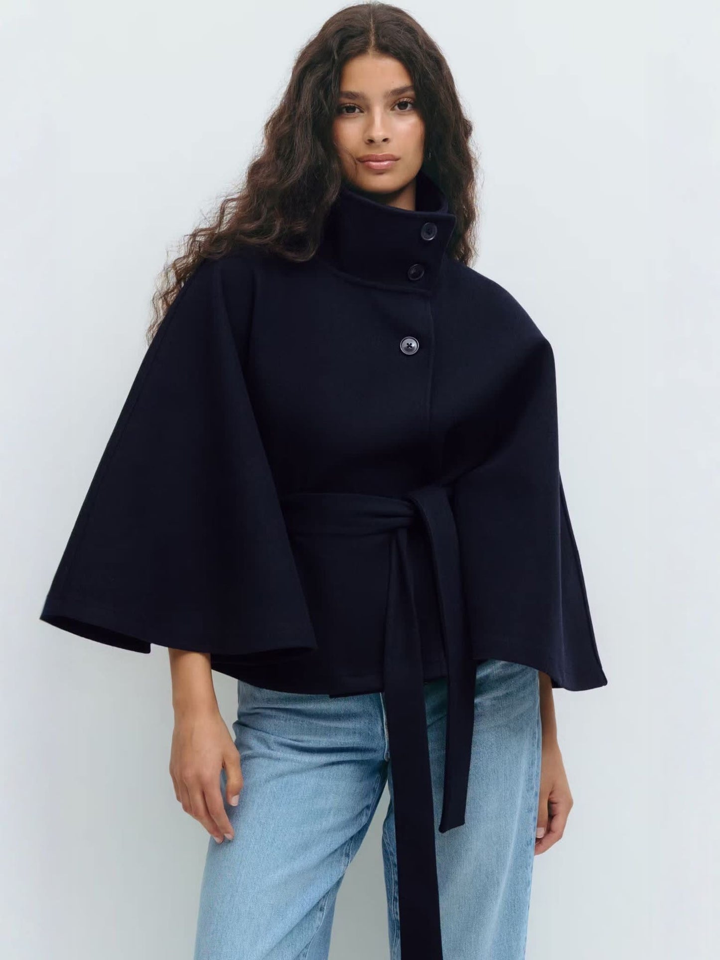 Stylish Women's Coat with Belt and High Collar