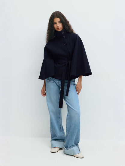 Stylish Women's Coat with Belt and High Collar