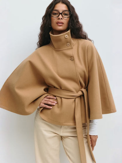 Stylish Women's Coat with Belt and High Collar