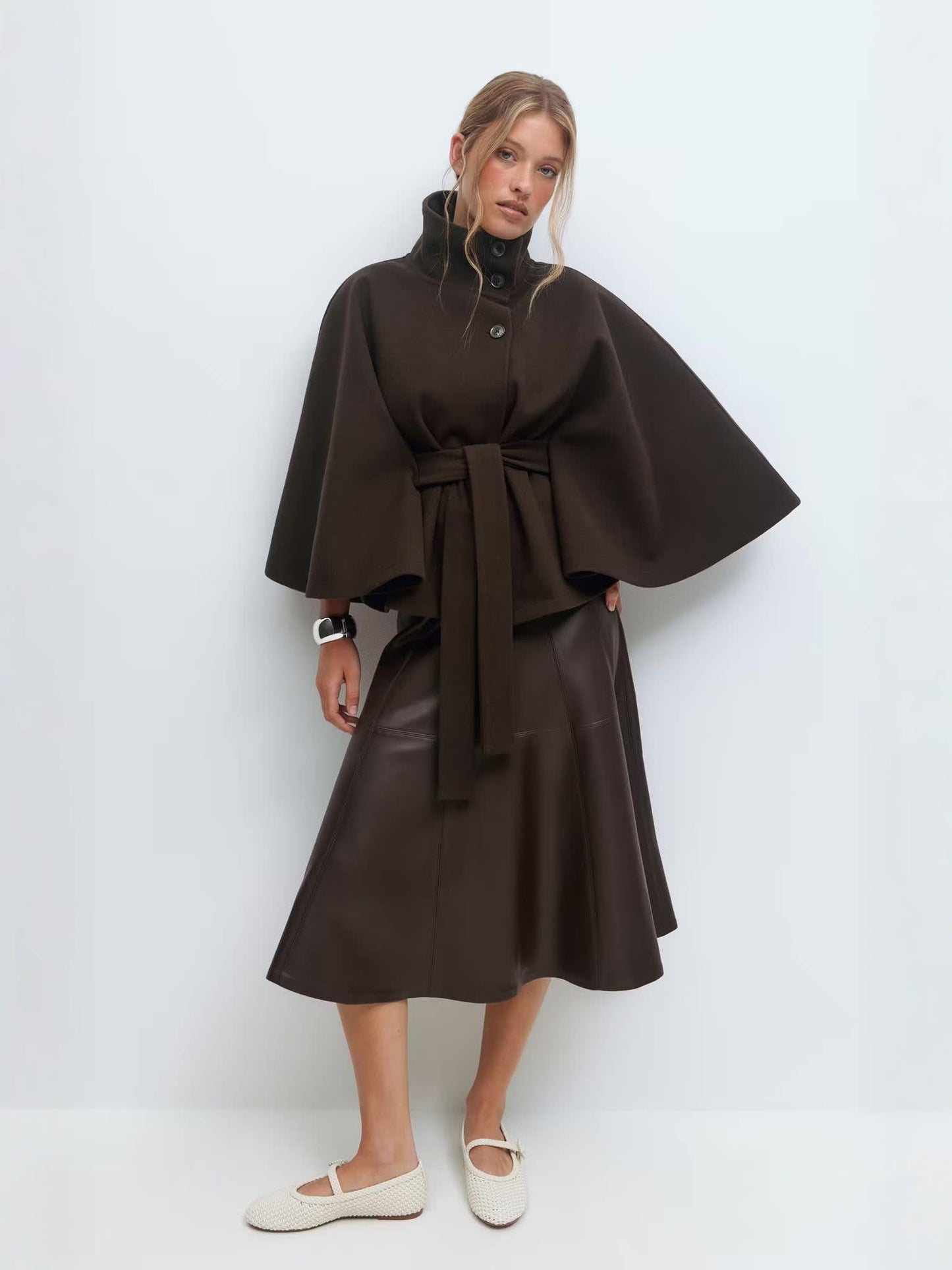 Stylish Women's Coat with Belt and High Collar