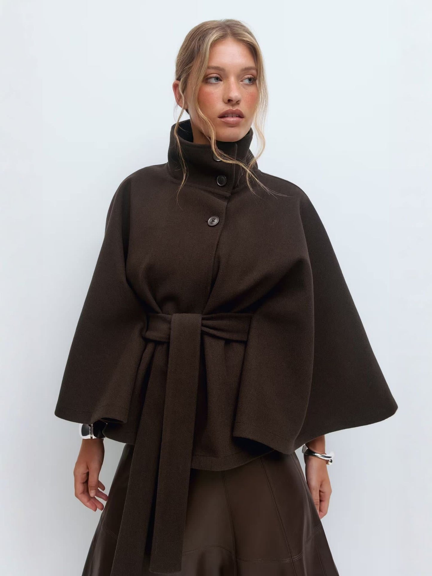 Stylish Women's Coat with Belt and High Collar