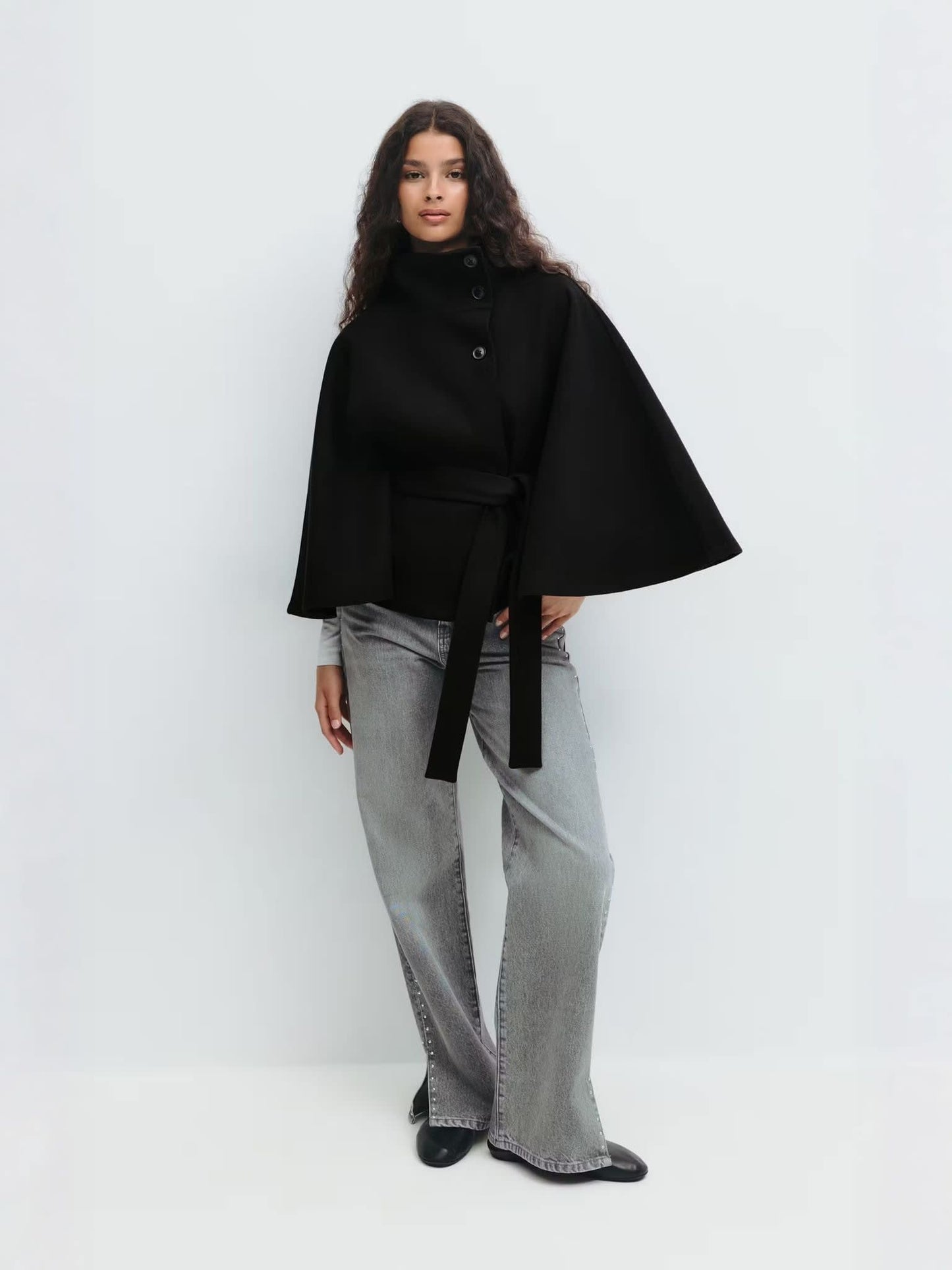 Stylish Women's Coat with Belt and High Collar