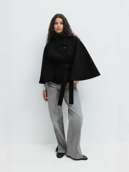 Stylish Women's Coat with Belt and High Collar