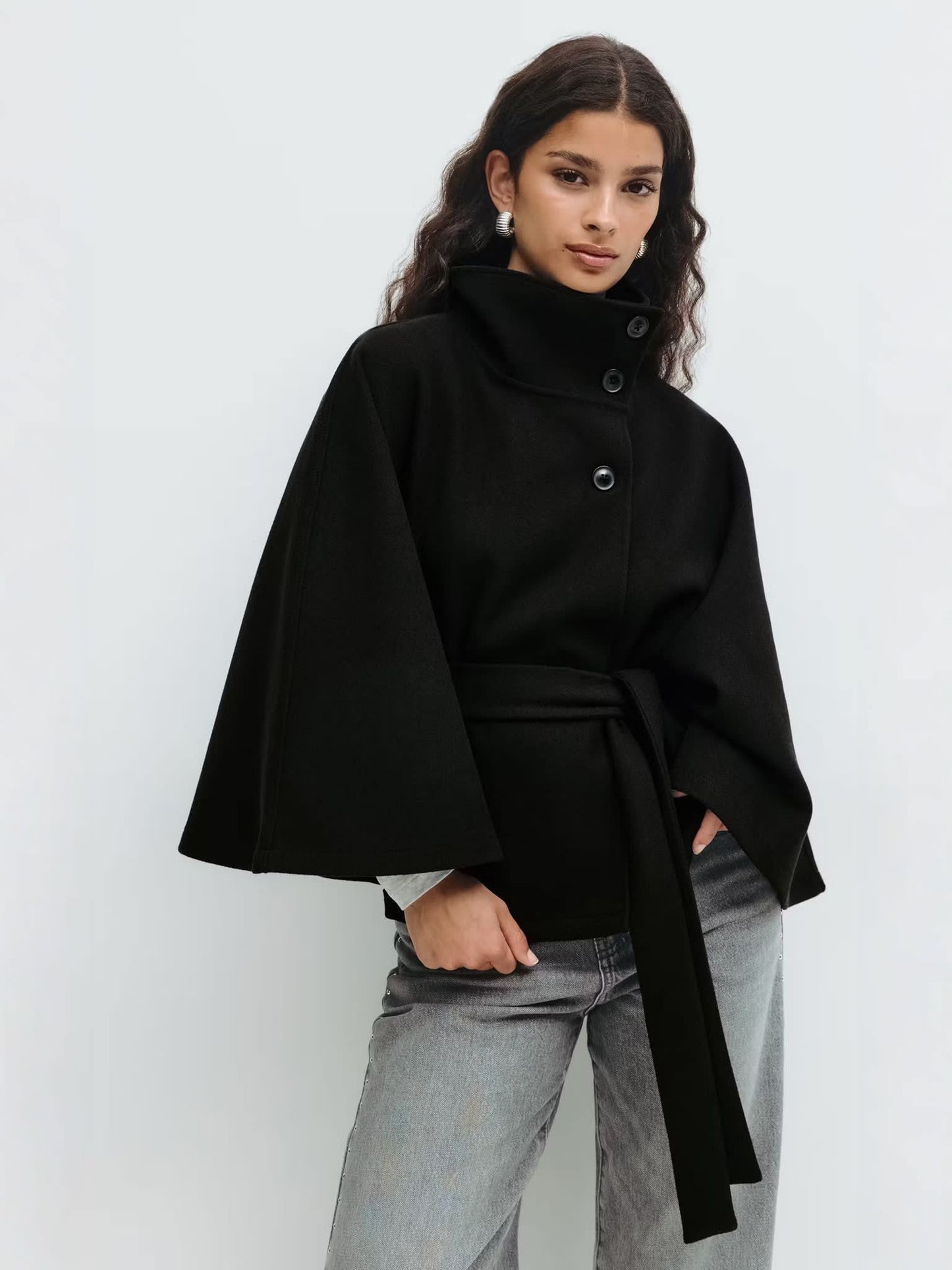 Stylish Women's Coat with Belt and High Collar