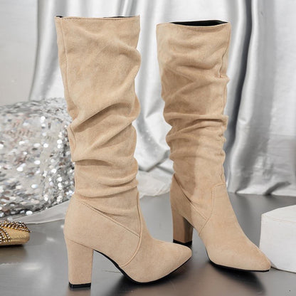 Chunky Heel Mid-Calf Faux Suede Boots