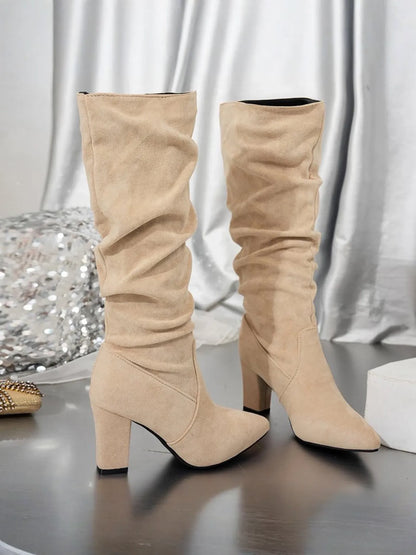 Chunky Heel Mid-Calf Faux Suede Boots