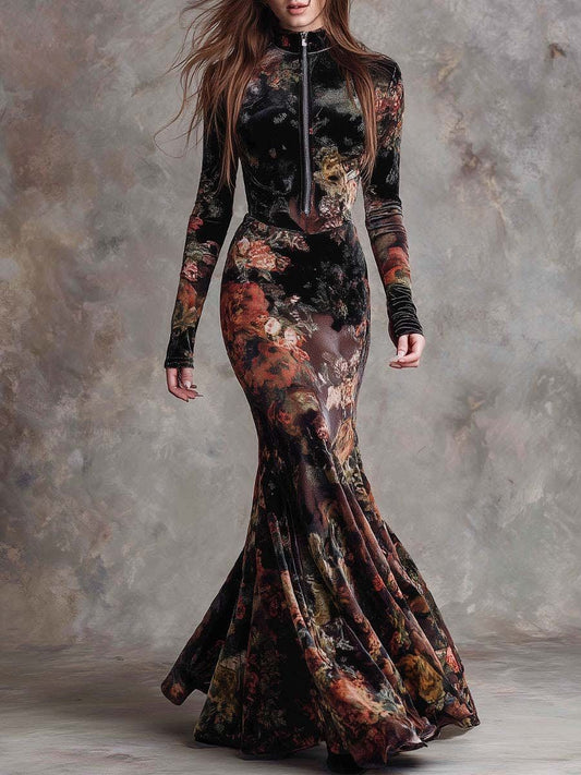 Floral Velvet Mermaid Maxi Dress