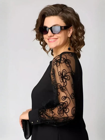 Chic Lace Sleeve Dress – Classic Elegance with Parisian Style