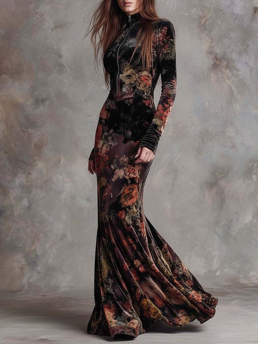 Floral Velvet Mermaid Maxi Dress