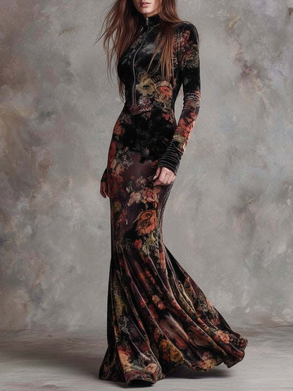 Floral Velvet Mermaid Maxi Dress