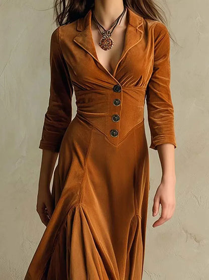 Stylish Velvet Dress with Shirt Collar