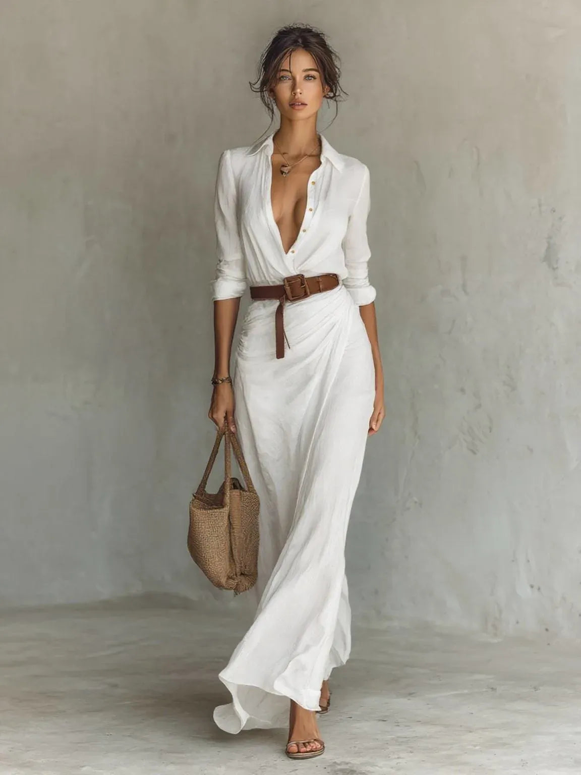 Long Dress with Notched Collar and Belt Included
