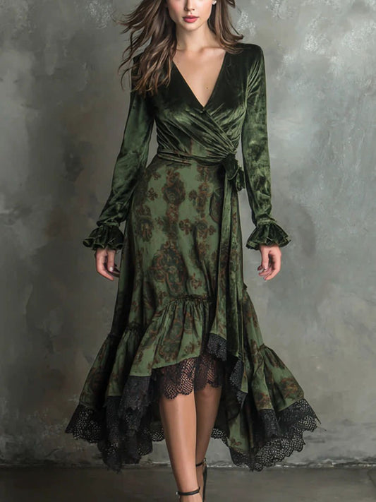 Elegant Vintage Lace Trim Velvet Midi Dress
