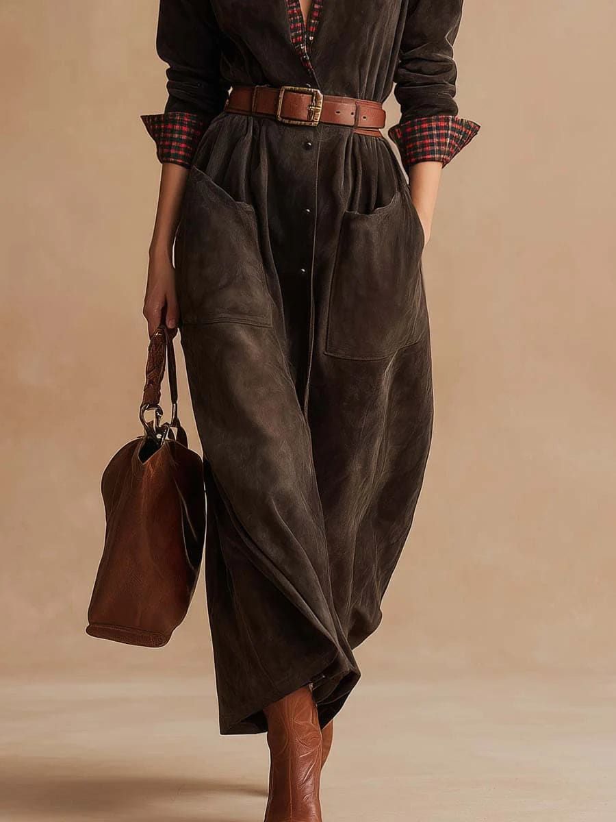 Vintage Dark Brown Suede Plaid Collared Dress with Belt
