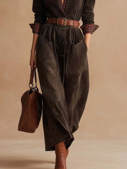 Vintage Dark Brown Suede Plaid Collared Dress with Belt
