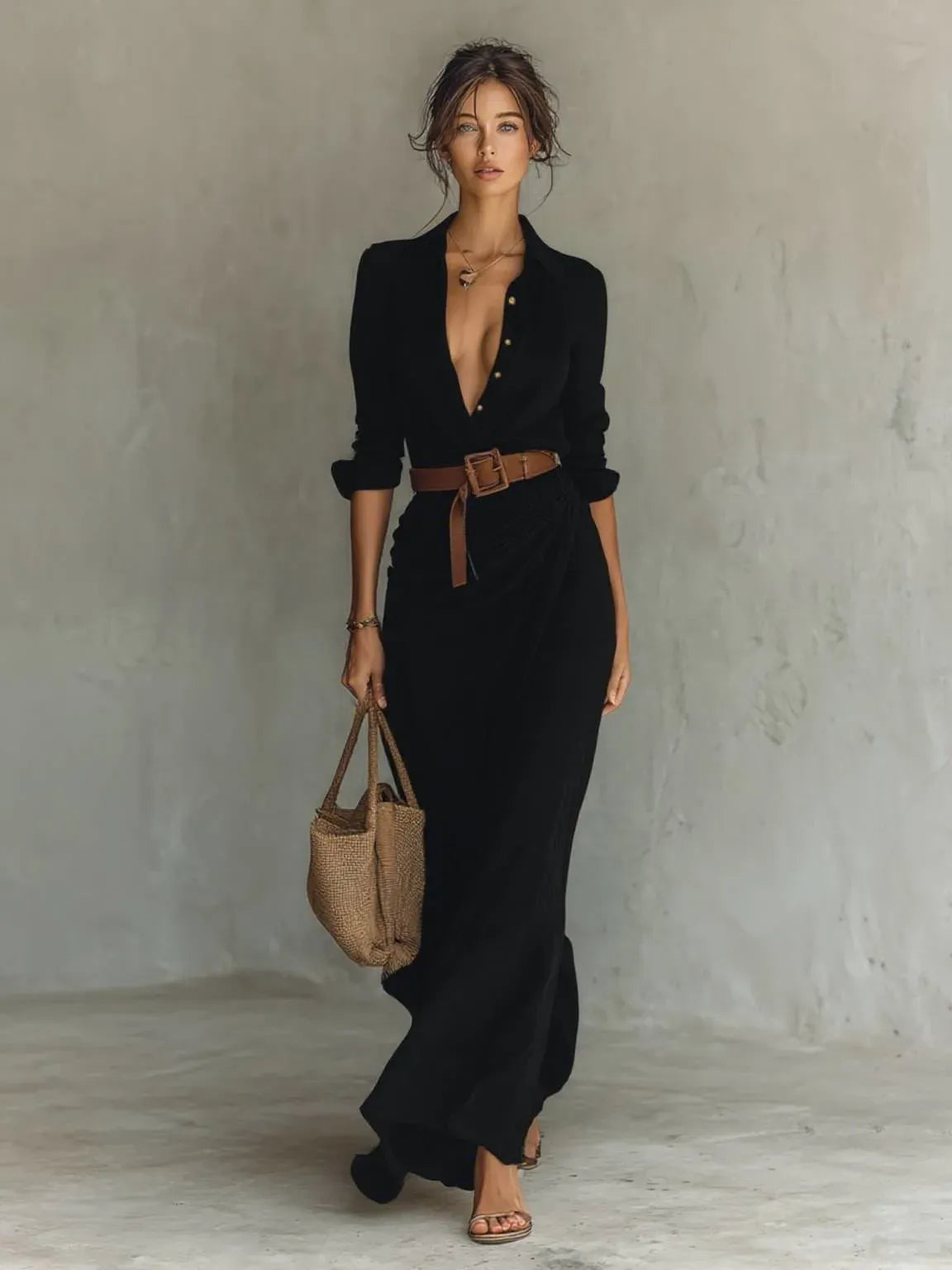Long Dress with Notched Collar and Belt Included
